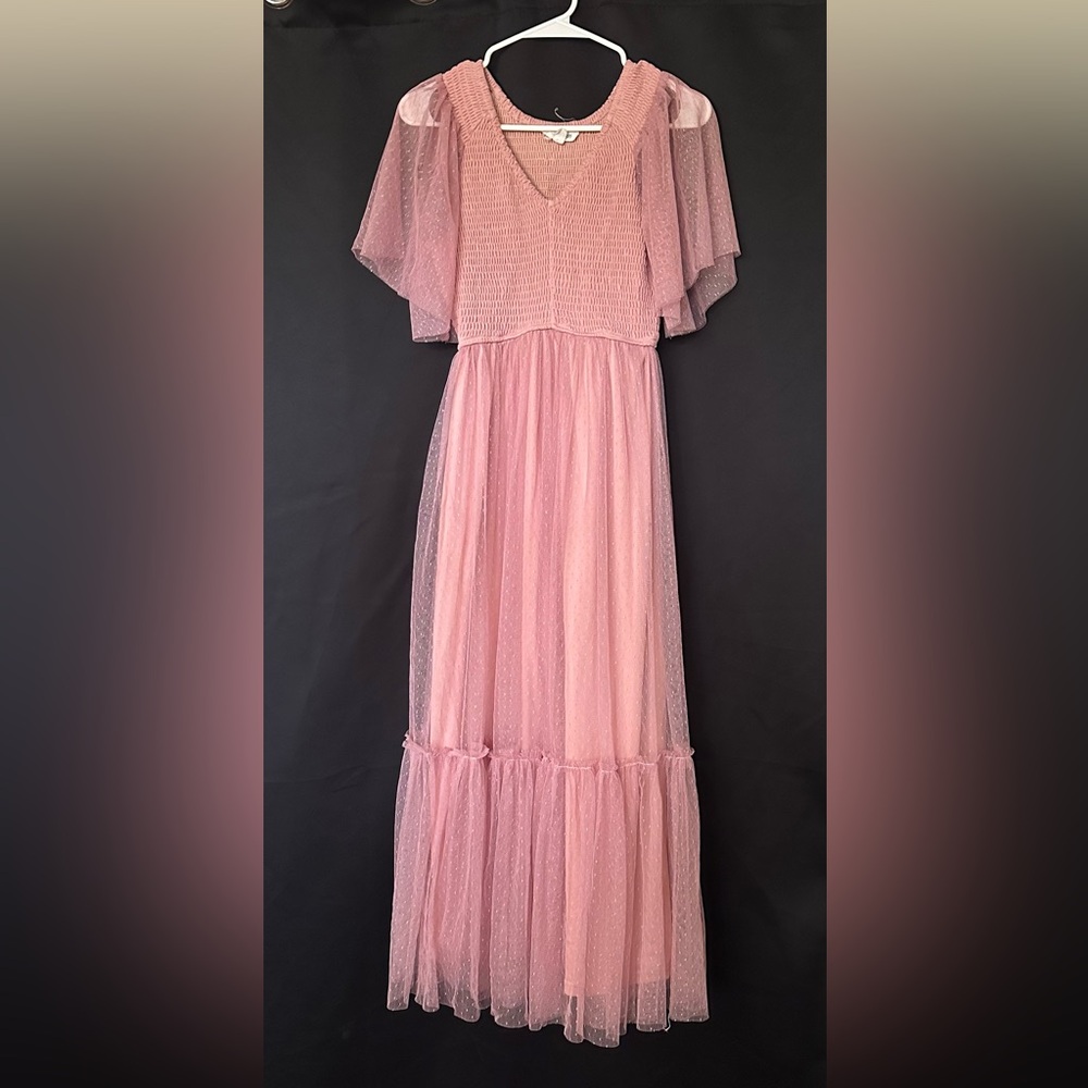 Mauve Dotted Tulle Smocked Maternity Midi Dress